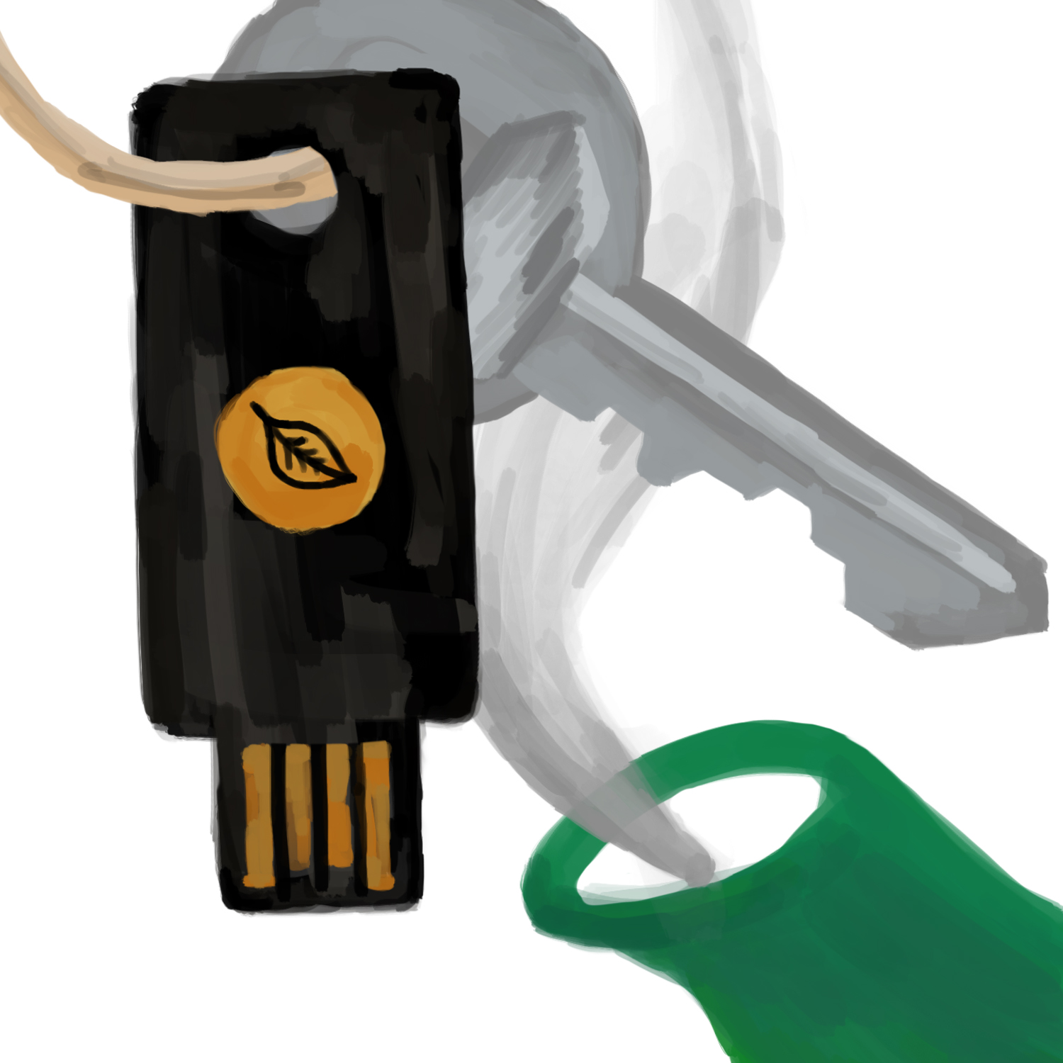 A drawing of a security key on a keychain, with a teapot spout behind it.